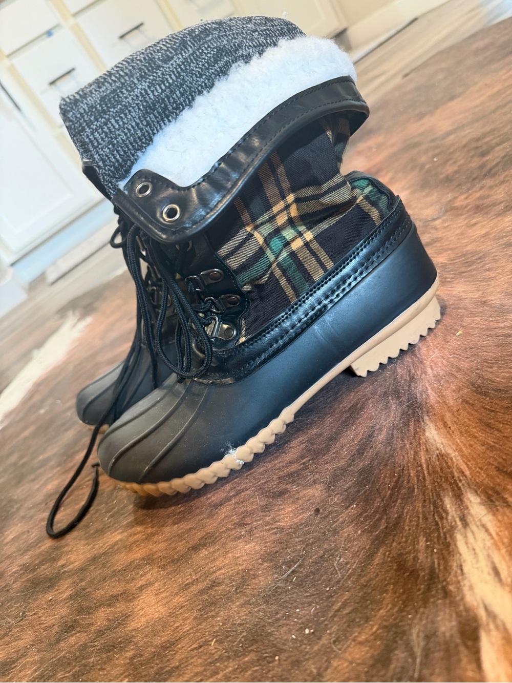 Plaid Lace-Up Duck Boots with Faux Fur Cuff